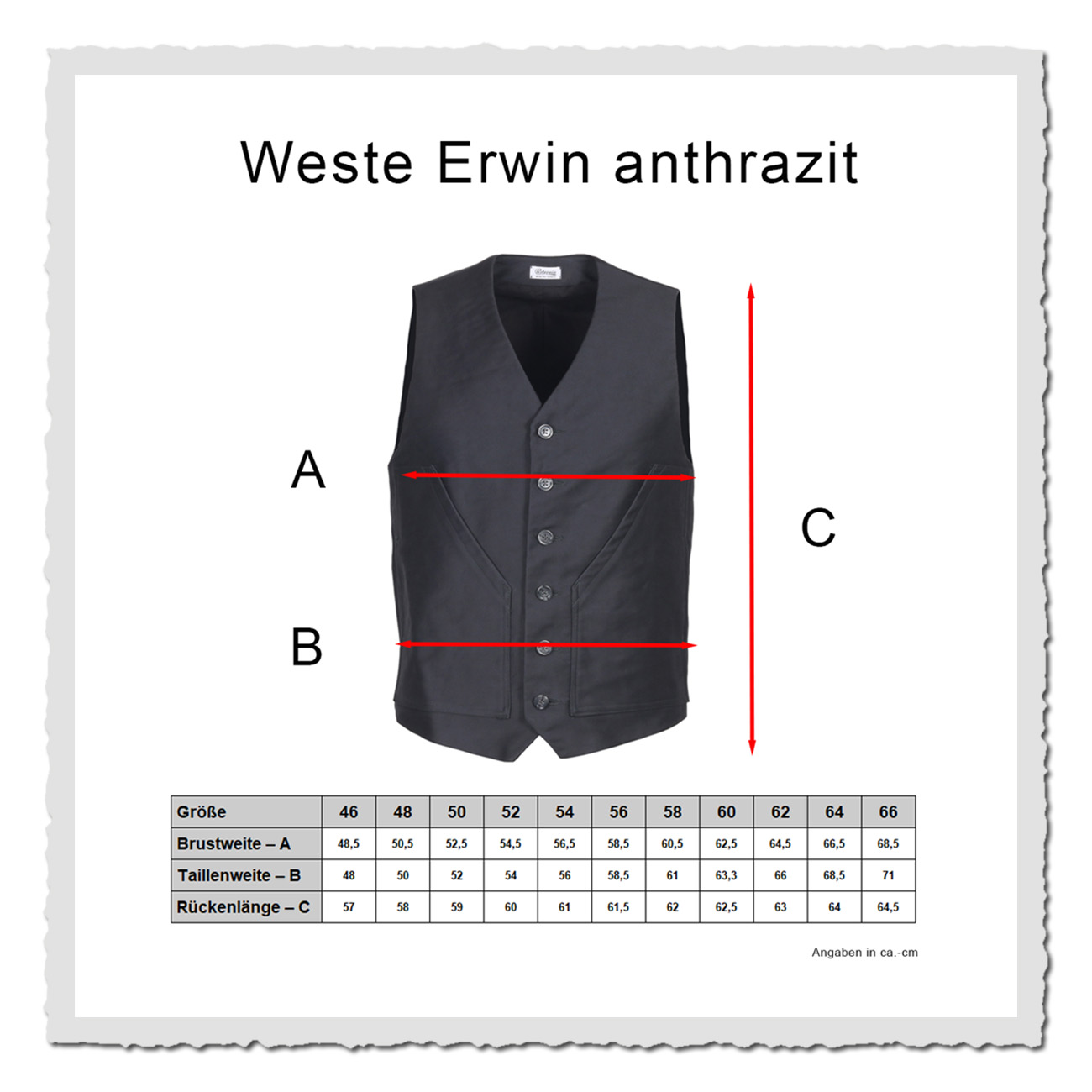 Masstabelle Erwin Weste von Retronia – anthrazitfarbene Baumwollweste mit Taschen